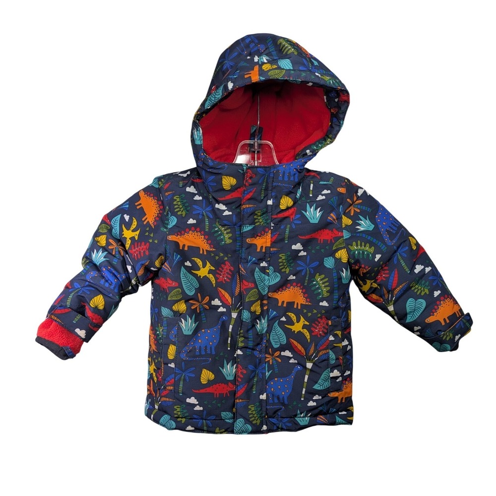 The Childrens Place Kids 2T Dinosaur Print Hooded Puffer Jacket Navy Red Fleece